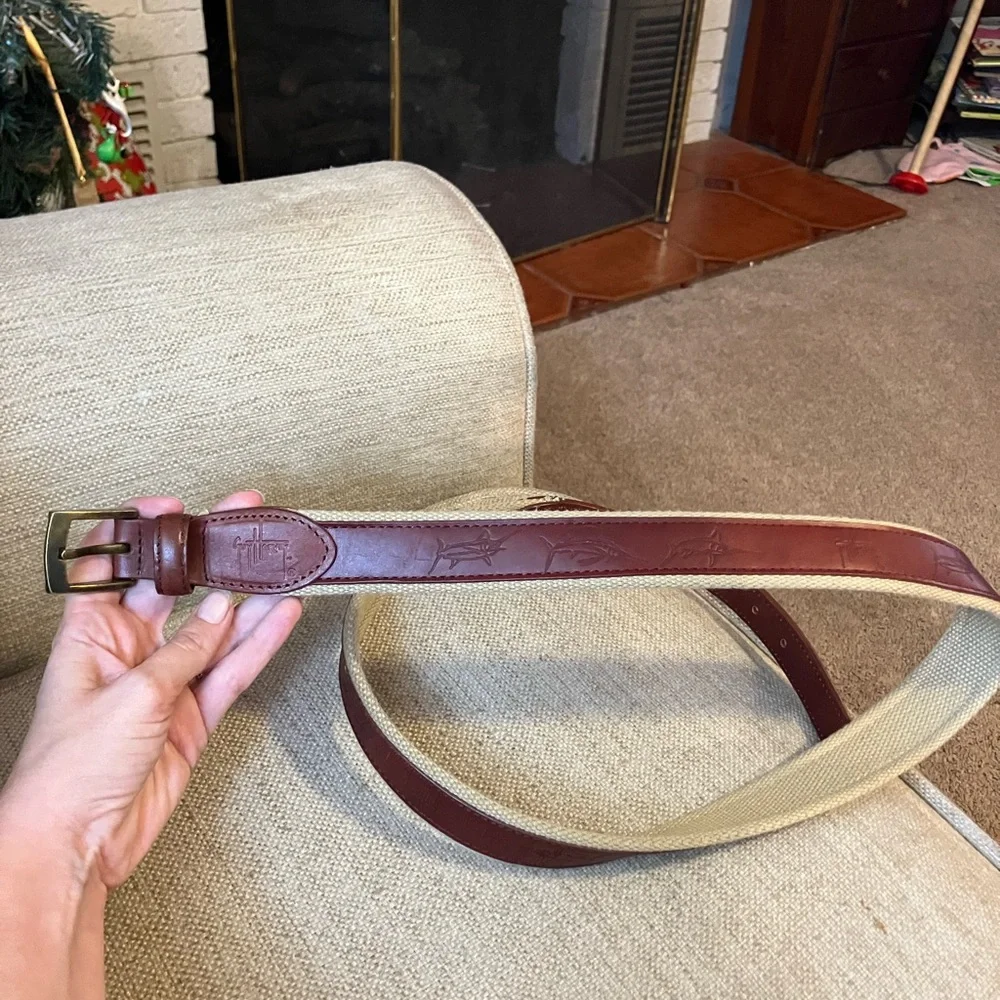 Guy Harvey red leather men’s fishing design belt